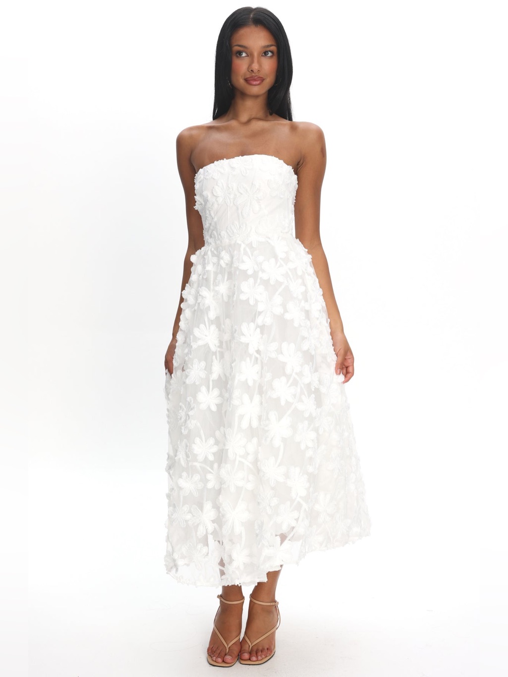 Angel Biba Strapless White Floral Appliqu Midi Dress